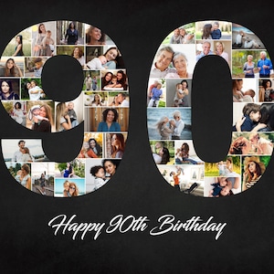 Personalisierte 90er Geburtstag Geschenk, Zahlenfotocollage, 90er Party Dekoration, Bildcollage, Individuell aus Ihren Fotos!