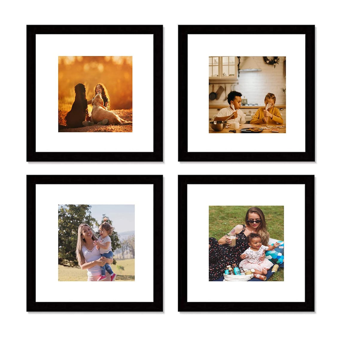 12x12 Black Picture Frame Set, Square Photo Frame With Mat Pictures 8x8