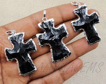 Pendentif croix en obsidienne noire, bijoux croix en plaqué argent, croix de cristal, nouveaux bijoux croix en cristal d'obsidienne noire, collier pendentif croix