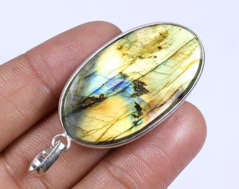 AAA+ Flashy Labradorite Pendant, Silver Plated Labradorite Necklace Pendant, One Side Polished One Side Raw, Healing Crystal Pendant Jewelry