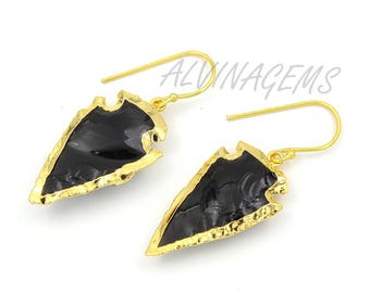 Svarta obsidianförgyllda pilspetsörhängen, obsidianörhänge, pilspetsörhänge, förgyllda kristallörhängen, gör-det-själv-örhängen, present till henne