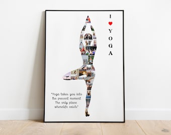 May include: A black framed poster with a white background featuring a silhouette of a woman in a yoga pose. The silhouette is made up of smaller images of people doing yoga. The text "I ♥ YOGA" is on the right side of the poster. The quote "Yoga takes you into the present moment. The only place where life exists." is at the bottom of the poster.