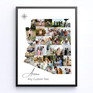 Collage photo personnalisé de l'État de l'Arizona | Art mural de carte personnalisée | Impression souvenir de voyage en famille | Cadeau unique pour la maison ou un proche