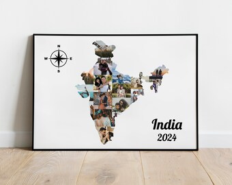 Collage de carte de l'Inde, collage de l'Inde, collage de photos de voyage, collage d'anniversaire, collage de couple, cadeaux pour elle, cadeaux pour lui, cadeaux d'anniversaire