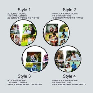 May include: Four different styles of photo collage designs for a name, with the name "LOVE" displayed in the image. The first style has no borders around the photos or the letters. The second style has a thin black border around the letters and no borders around the photos. The third style has no borders around the letters and white borders around the photos. The fourth style has a thin black border around the letters and white borders around the photos.