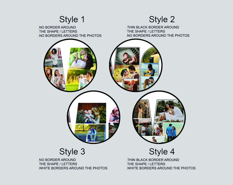 May include: Four different styles of photo collage designs for a name, with the name "LOVE" displayed in the image. The first style has no borders around the photos or the letters. The second style has a thin black border around the letters and no borders around the photos. The third style has no borders around the letters and white borders around the photos. The fourth style has a thin black border around the letters and white borders around the photos.