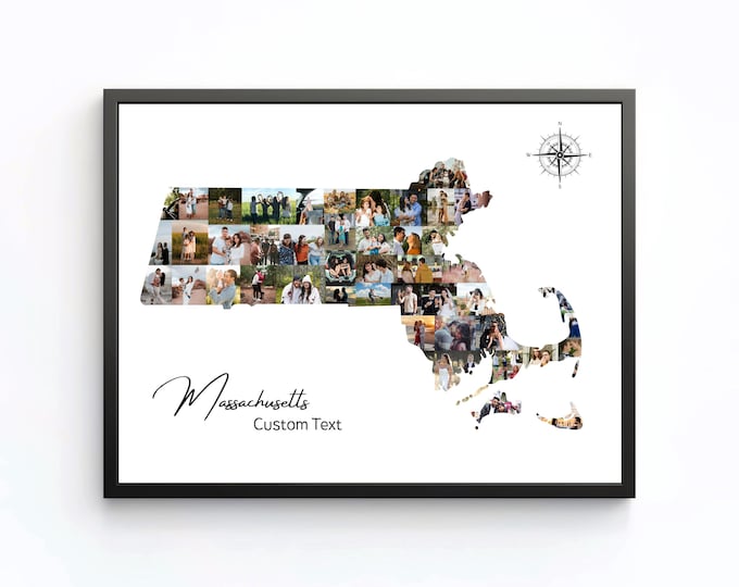 Custom Massachusetts Photo Collage Art Print - Personalized State Map with Family Photos - Unique Gift for Home Décor