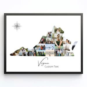 Collage photo personnalisé de l'État de Virginie | Impression d'art mural carte personnalisée | Cadeau souvenir de voyage | Décoration d'intérieur unique | Souvenir américain