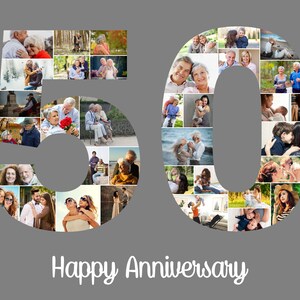 May include: A collage of photos in the shape of the number 50, with the words "Happy Anniversary" below. The photos are of a couple and their family.
