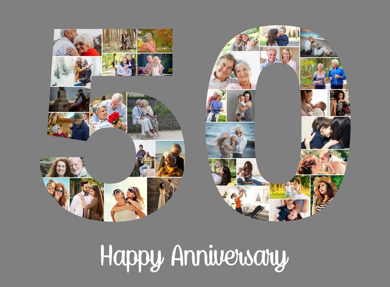 May include: A collage of photos in the shape of the number 50, with the words "Happy Anniversary" below. The photos are of a couple and their family.