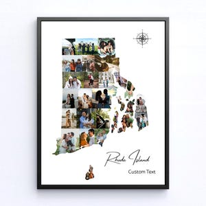 Collage photo personnalisé de l'État du Rhode Island | Art mural carte personnalisé | Cadeau unique | Souvenirs de famille | Souvenir de décoration d'intérieur