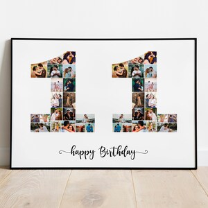 Può includere: Un poster bianco con cornice nera che presenta un collage fotografico di una coppia a forma del numero 11. Il testo "happy Birthday" è scritto in corsivo nero sotto il numero.