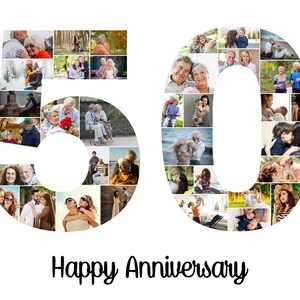 May include: A collage of photos in the shape of the number 50 with the text "Happy Anniversary" below. The photos are of a couple and their family and friends.