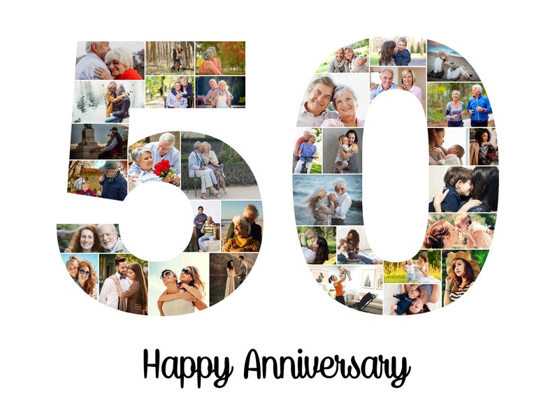 May include: A collage of photos in the shape of the number 50 with the text "Happy Anniversary" below. The photos are of a couple and their family and friends.