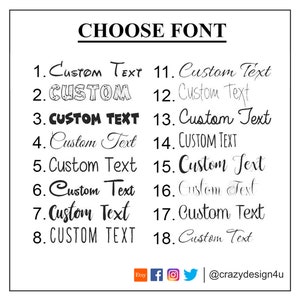 May include: A white background with black text showing 18 different font styles for the phrase "Custom Text".