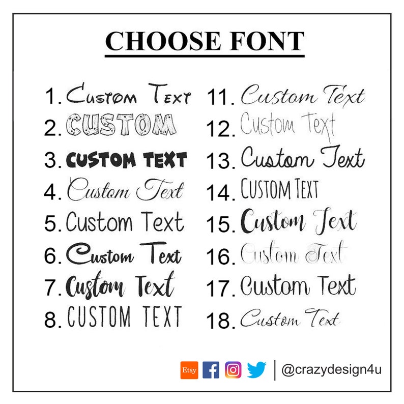 May include: A white background with black text showing 18 different font styles for the phrase "Custom Text".