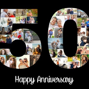 May include: A collage of photos in the shape of the number 50, with the words "Happy Anniversary" below. The photos are of a couple and their family, and they are all smiling and happy.