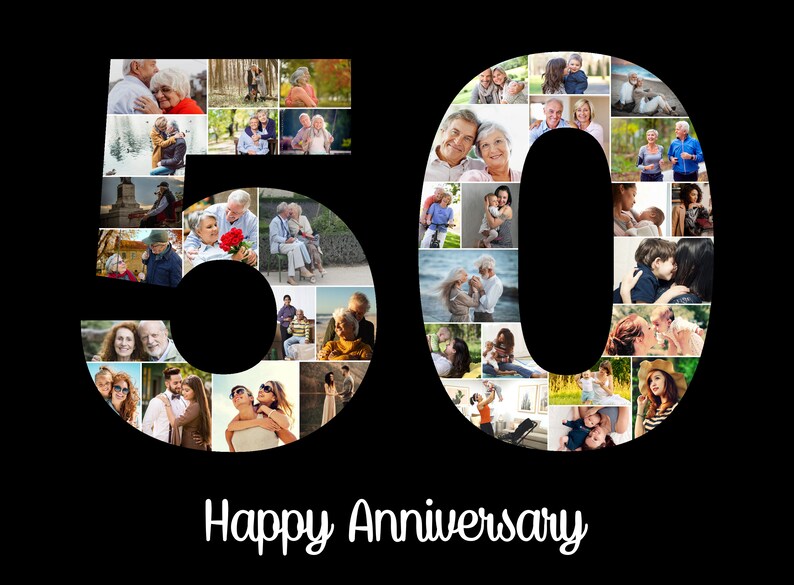 May include: A collage of photos in the shape of the number 50, with the words "Happy Anniversary" below. The photos are of a couple and their family, and they are all smiling and happy.