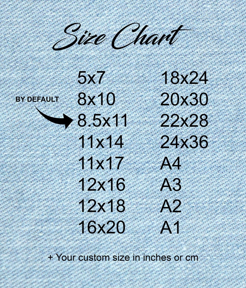 May include: A blue denim fabric size chart with white text listing various sizes in inches. The sizes include 5x7, 8x10, 8.5x11, 11x14, 11x17, 12x16, 12x18, 16x20, 18x24, 20x30, 22x28, 24x36, A4, A3, A2, and A1. The text "BY DEFAULT" is also included. The chart also includes the text "+ Your custom size in inches or cm".