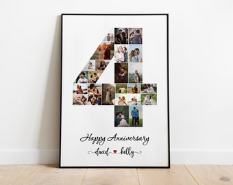 May include: A white poster with a black frame featuring a photo collage of a couple in the shape of the number four. The text "Happy Anniversary David ♥ Kelly" is written below the collage.