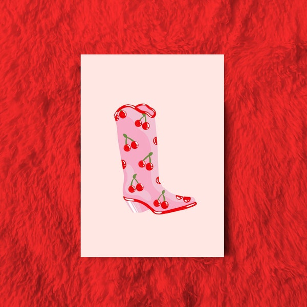 Cherry Pink Cowboy Boot Art Print, A4 DIGITAL DOWNLOAD, Y2K Cowboy Poster, Funky Western Aesthetic, Pink And Red Aesthetic Wall Art