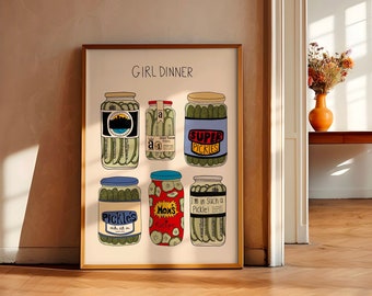 Girl Dinner Poster Pickled Gherkin Art, Pickles In A Jar Poster Trendy Food And Drink Art Retro Print Mid Century Kitchen Inspiration