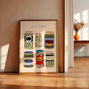 Mädchen Dinner Poster Eingelegte Gurke Art, Pickles In A Jar Poster Trendy Essen Und Trinken Art Retro Print Mid Century Kücheninspiration