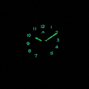 May include: A black watch face with green luminous hour markers and hands. The watch face shows the numbers 1 through 12.