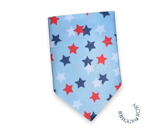May include: A light blue bandana with a pattern of red, white, and blue stars. The bandana has a triangular shape and is folded in half. The text "BRIGGS & RORY" is printed in a circle on the bottom right corner of the bandana.