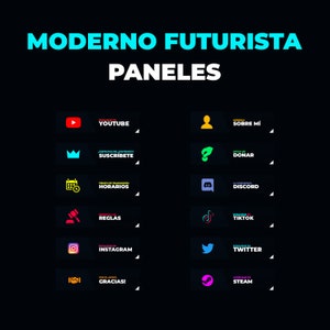 May include: A set of colorful, futuristic-style social media panels with icons and text in Spanish. The panels include links to YouTube, Subscribe, Schedule, Rules, Instagram, Thanks, About Me, Donate, Discord, TikTok, Twitter, and Steam.