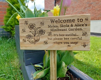 Personalised wooden garden signs plaque with a 25cm ground stake  (in option with or without)