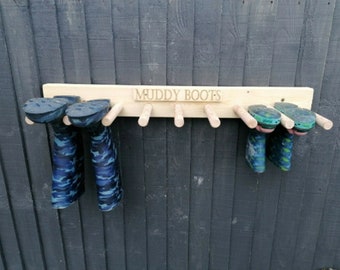 PERSONALISED Welly wellington wellies wooden rack boot holder wall mounted