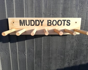 Personalised Welly rack/ boot holder wall mounted wooden MUDDY BOOTS 2 3 4 5 6  pairs heavy duty !