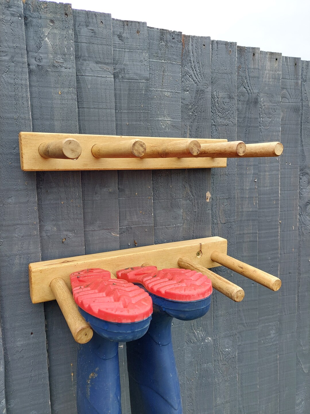 OAK WAXED Welly Wellington Wellies Wooden Rack / Boots Holder Wall ...