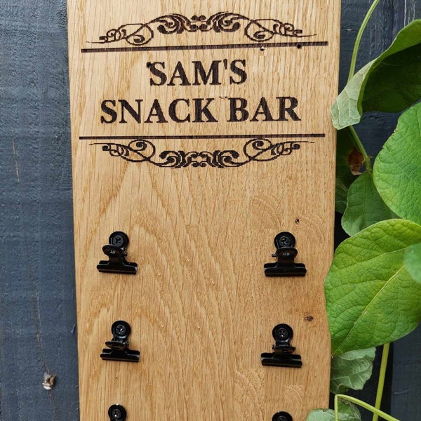 OAK Bar snacks holder, dispenser clip board wall mounted ideal for home bar, pub, mancave - Barware gift idea birthday gift bar sign