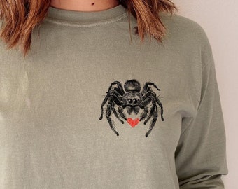 Shirt met lange mouwen Spider moeder spin mama Spider geschenken Springspin verbergen Snood shirt Tarantula Spider minnaar houtsnede print