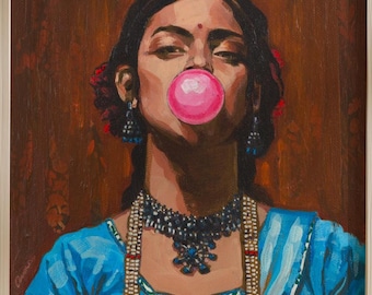 Bubblegum art Print South Asian Art Pakistani Art Desi Art Woman Art Indian Painting Indian Wall Art Desi girl Indian Canvas Indian Decor