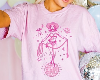 Comfort Colors Disco Cowgirl Shirt Space Cowgirl Shirt Cosmic Cowgirl Barbiecore Cowgirl Clothing Flying Saucer Shirt Cowgirl Bachelorette