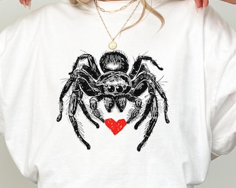 Jumping Spider Shirt Spider moeder Spider moeder Spider geschenken Cottagecore Spoodie shirt Tarantula Spider minnaar Spider hart houtsnede print