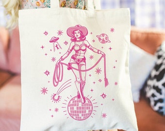 Disco Cowgirl tote Last hoedown Space Cowgirl Cosmic Cowgirl cotton canvas bag Barbiecore Cowgirl Flying Saucer Cowgirl Bachelorette tote
