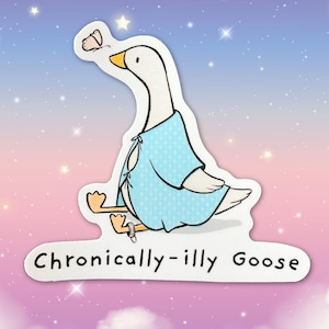 Puede incluir: Una ilustración de dibujos animados de un ganso con una bata de patrón azul y blanco, sentado con las piernas cruzadas. El ganso está mirando hacia arriba a una mariposa. El texto "Chronically-illy Goose" está debajo del ganso.