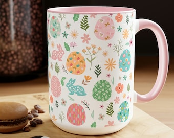 Easter mug, Large coffee mug, Spring mug, bunny mug with pastel Easter eggs, Work Coffee Mug, Ceramic work mug, 15oz ceramic coffee mugs