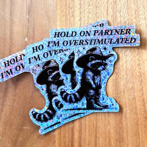 Sticker Tenir son partenaire, je suis surstimulé Tenir je suis surstimulé Era Trucs étranges Sticker pour ordinateur portable raton laveur drôle Adhd Funny Western Gen Z