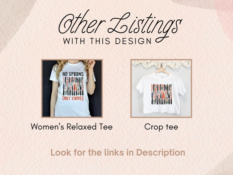 May include: Two white t-shirts with a graphic print of knives and the text "NO SPOONS FUEME ONLY KNIVES". The t-shirts are shown on a white background. The left t-shirt is a relaxed fit and the right t-shirt is a crop top.