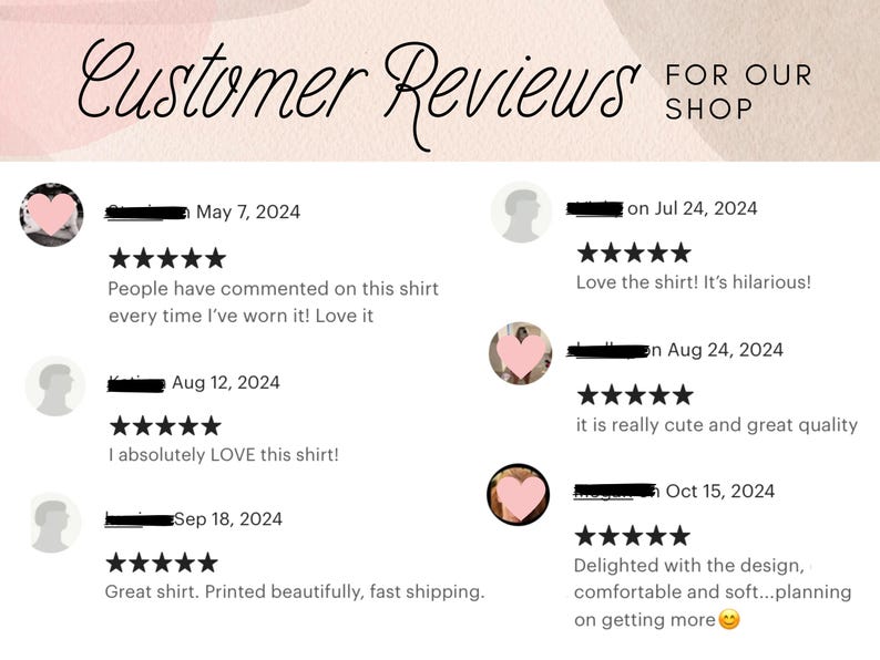 May include: Customer reviews for a shop selling shirts. The reviews are positive and include comments like "Love the shirt! It's hilarious!" and "Great shirt. Printed beautifully, fast shipping."