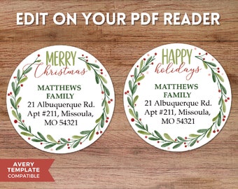 Printable and Editable 2" Christmas Mailing Labels Round Christmas Return Address Labels Instant Download Round Holiday Return Address Label