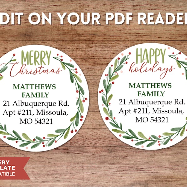 Printable and Editable 2" Round Christmas Return Address Labels, Instant Download 2" Round Holiday Return Address Label