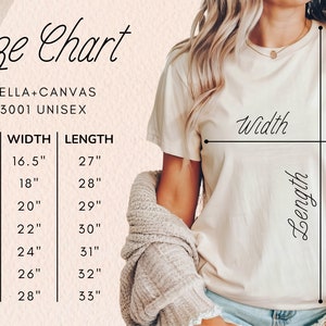 May include: Size chart for Bella + Canvas 3001 unisex t-shirts. The chart shows the width and length measurements in inches for sizes XS to 3XL.