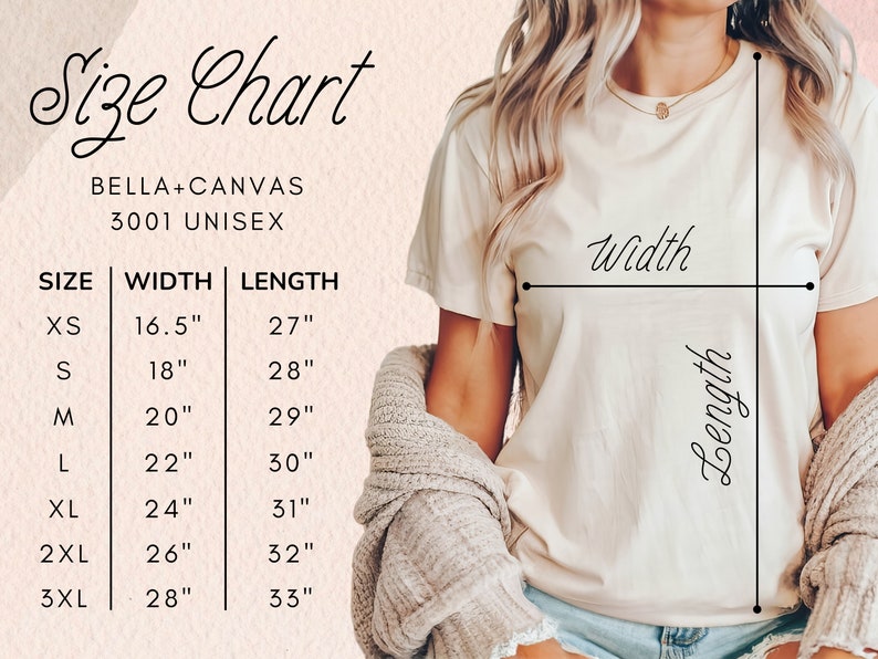 May include: Size chart for Bella + Canvas 3001 unisex t-shirts. The chart shows the width and length measurements in inches for sizes XS to 3XL.