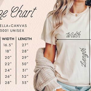 K&ouml;nnte beinhalten: Gr&ouml;&szlig;entabelle f&uuml;r ein Bella + Canvas 3001 Unisex-T-Shirt. Die Tabelle zeigt die Breite und L&auml;nge in Zoll f&uuml;r die Gr&ouml;&szlig;en XS bis 3XL.